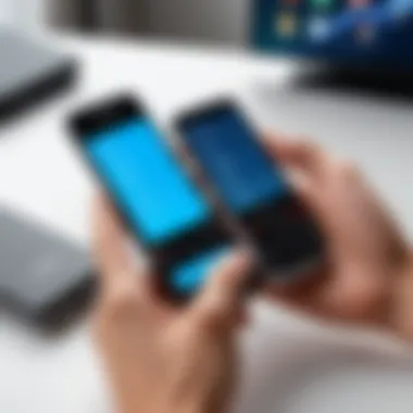 A user interacting with a budget flip phone in a casual setting.
